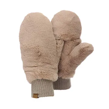 C.C Women's Faux Fur Wrist Length Fingerless Sherpa Lined Convertible Mittens Gloves-Mocha