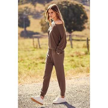 PRETTYGARDEN Women's Fall Fashion Outfits 2 Piece Sweatsuit Long Sleeve Pullover Long Pants Ribbed Matching Lounge Set (Coffee,Medium)