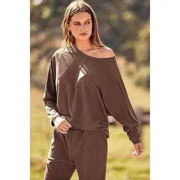 PRETTYGARDEN Women's Fall Fashion Outfits 2 Piece Sweatsuit Long Sleeve Pullover Long Pants Ribbed Matching Lounge Set (Coffee,Medium)