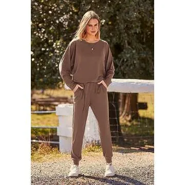 PRETTYGARDEN Women's Fall Fashion Outfits 2 Piece Sweatsuit Long Sleeve Pullover Long Pants Ribbed Matching Lounge Set (Coffee,Medium)