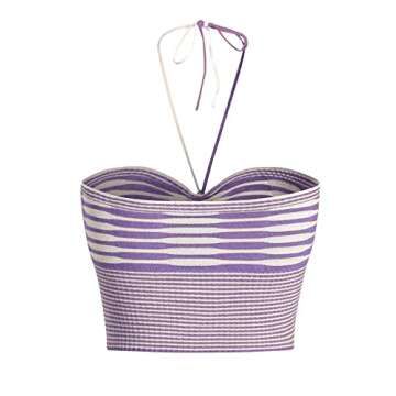SweatyRocks Women's Striped Tie Backless Halter Top Sleeveless Knitted Crop Cami Tank Purple S