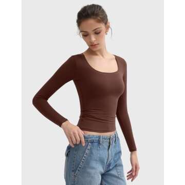 PUMIEY Women’s Long Sleeve T Shirts Scoop Neck Tight Slim Fit Tops Double Lined Basic Tee, Tiramisu X-Small