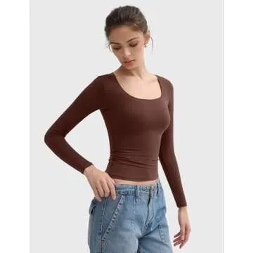 PUMIEY Women’s Long Sleeve T Shirts Scoop Neck Tight Slim Fit Tops Double Lined Basic Tee, Tiramisu X-Small
