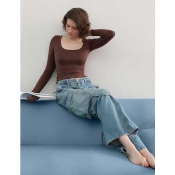 PUMIEY Women’s Long Sleeve T Shirts Scoop Neck Tight Slim Fit Tops Double Lined Basic Tee, Tiramisu X-Small