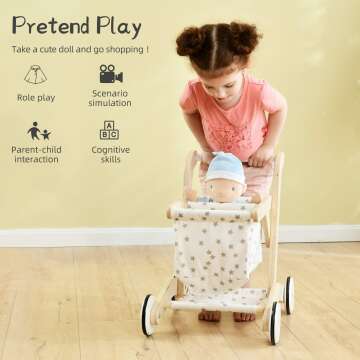 Wooden Baby Push Walker Doll Stroller and Toy