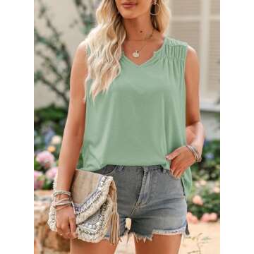 EVALESS Womens Summer Cute V Neck Tank Tops 2024 Fashion Casual Sleeveless Smocked Tops Blouses Solid Color Loose Fit Flowy Basic Camisole Shirts Clothes,Light Green XX-Large