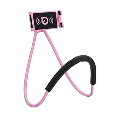 Chapter Seven Universal Smart Mobile Phone Stand,Hanging on Neck Cell Phone Mount Holder, Flexible Lazy Bracket DIY Free Rotating for Multiple Functions (Black) (Pink)