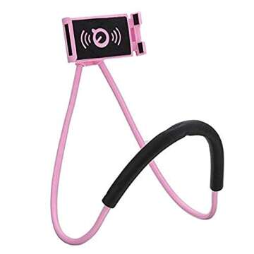 Chapter Seven Universal Smart Mobile Phone Stand,Hanging on Neck Cell Phone Mount Holder, Flexible Lazy Bracket DIY Free Rotating for Multiple Functions (Black) (Pink)