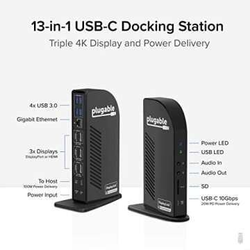 Plugable 4K Docking Station Triple Monitor with 100W Power Delivery, USB-C Dock for Thunderbolt and ...