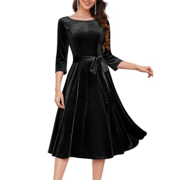 DRESSTELLS Black Velvet Dress for Women, Holiday Cocktail Wedding Guest Dress with Long Sleeves, 202...