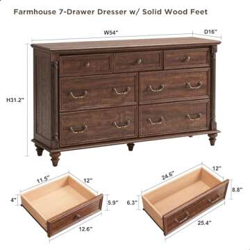 T4TREAM Farmhouse 7 Drawers Dresser Chests for Bedroom w/ 4 Solid Wood Feet & Column Decor, Tall Wid...