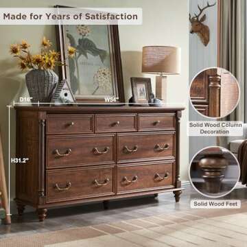 T4TREAM Farmhouse 7 Drawers Dresser Chests for Bedroom w/ 4 Solid Wood Feet & Column Decor, Tall Wide Wood Country Rustic Chest of Drawers, Storage Dressers for Bedroom, Living Room,Reclaimed Barnwood