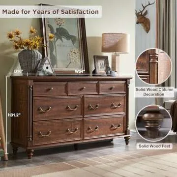 T4TREAM Farmhouse 7 Drawers Dresser Chests for Bedroom w/ 4 Solid Wood Feet & Column Decor, Tall Wide Wood Country Rustic Chest of Drawers, Storage Dressers for Bedroom, Living Room,Reclaimed Barnwood