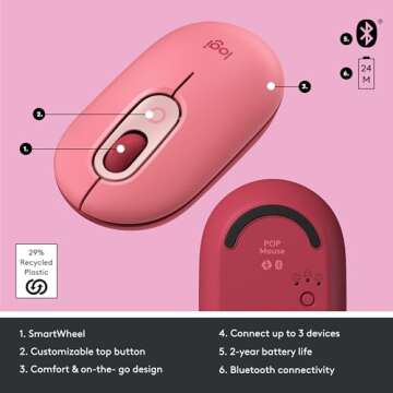 Logitech POP Mouse, Wireless Mouse with Customizable Emojis, SilentTouch Technology, Precision/Speed Scroll, Compact Design, Bluetooth, Multi-Device, OS Compatible - Heartbreaker Rose