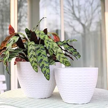 LA JOLIE MUSE Flower Pots Outdoor Indoor, Garden Planters, Modern Chic Planters with White Geometric Mosaic Texture Patterns, Set of 2, Matte White (8.6 + 7.5 Inch)