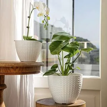 LA JOLIE MUSE Flower Pots Outdoor Indoor, Garden Planters, Modern Chic Planters with White Geometric Mosaic Texture Patterns, Set of 2, Matte White (8.6 + 7.5 Inch)