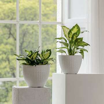 LA JOLIE MUSE Flower Pots Outdoor Indoor, Garden Planters, Modern Chic Planters with White Geometric Mosaic Texture Patterns, Set of 2, Matte White (8.6 + 7.5 Inch)