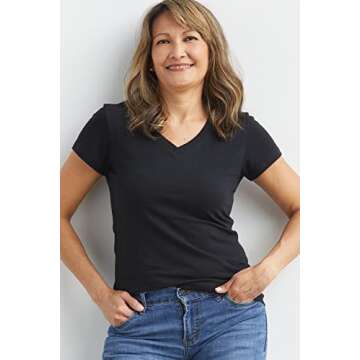 Fair Indigo Women's Organic Pima Cotton Short Sleeve V-Neck T-Shirt (XS, Black)