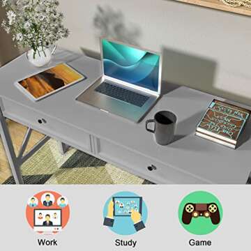 Lewahom Computer Desk with 2 Drawers, Elegant Home Office Writing Study Desk with Storage, Modern Simple Vanity Desk Console Table for Living Room, Grey