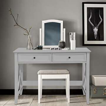 Lewahom Computer Desk with 2 Drawers, Elegant Home Office Writing Study Desk with Storage, Modern Simple Vanity Desk Console Table for Living Room, Grey