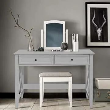 Lewahom Computer Desk with 2 Drawers, Elegant Home Office Writing Study Desk with Storage, Modern Simple Vanity Desk Console Table for Living Room, Grey