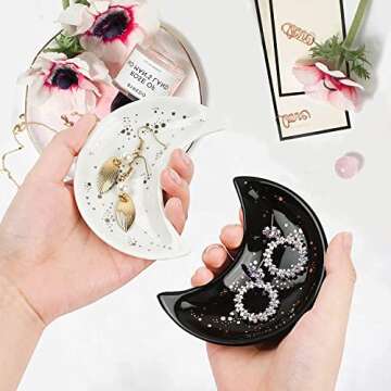 Small Moon Jewelry Dish Tray - Decorative Ceramic Trinket Dish for Vanity 2pcs (White and Black)