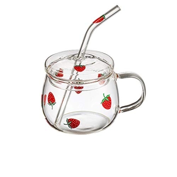 JHNIF 10 Oz Strawberry Glass Mug with Lid and Straw