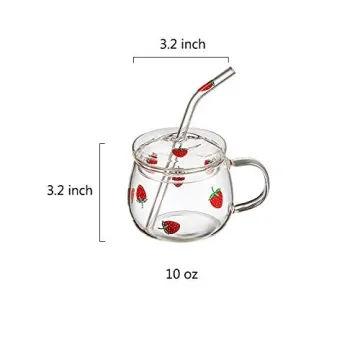 JHNIF 10 Oz Strawberry Glass Mug with Lid and Straw