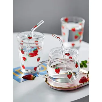 JHNIF 10 Oz Strawberry Glass Mug with Lid and Straw