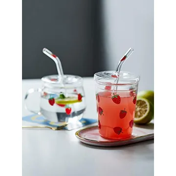 JHNIF 10 Oz Strawberry Glass Mug with Lid and Straw