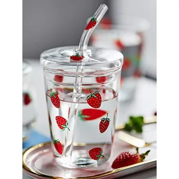 JHNIF 10 Oz Strawberry Glass Mug with Lid and Straw