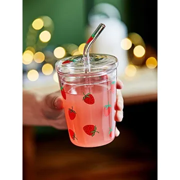 JHNIF 10 Oz Strawberry Glass Mug with Lid and Straw