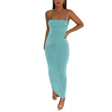 JUMISEE Women Sexy Backless Draped Maxi Dress Elegant Sleeveless Spaghetti Strap Evening Dress Long Club Party Beach Dress Light Blue