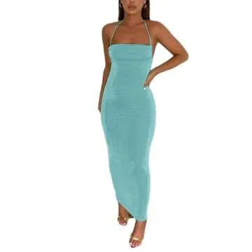 JUMISEE Women Sexy Backless Draped Maxi Dress Elegant Sleeveless Spaghetti Strap Evening Dress Long Club Party Beach Dress Light Blue
