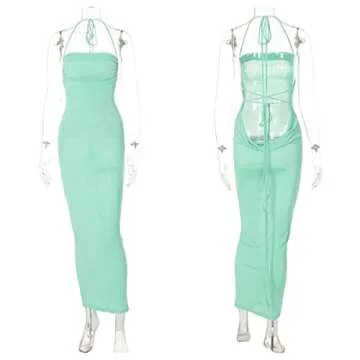 JUMISEE Women Sexy Backless Draped Maxi Dress Elegant Sleeveless Spaghetti Strap Evening Dress Long Club Party Beach Dress Light Blue