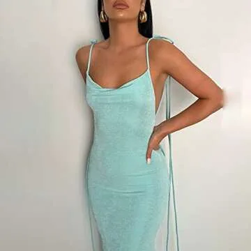 JUMISEE Women Sexy Backless Draped Maxi Dress Elegant Sleeveless Spaghetti Strap Evening Dress Long Club Party Beach Dress Light Blue