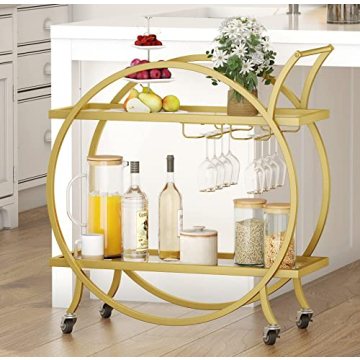 SMARTISBEAUTY Gold Bar Cart, 2-Tier Rolling Mobile Home Bar and Serving Beverage Carts with Glass Ho...