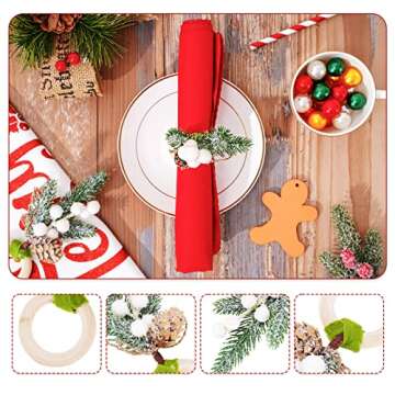 Whaline Christmas Napkin Rings Large Winter White Berries Pine Cones Napkin Holder Rustic Farmhouse Napkin Holders for Xmas Winter Wedding Dinner Party Table Setting Wall Hanging Decoration, 6Pcs