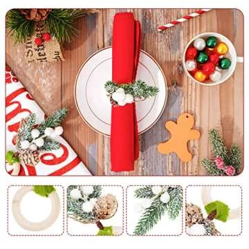Whaline Christmas Napkin Rings Large Winter White Berries Pine Cones Napkin Holder Rustic Farmhouse Napkin Holders for Xmas Winter Wedding Dinner Party Table Setting Wall Hanging Decoration, 6Pcs