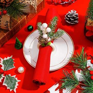 Whaline Christmas Napkin Rings Large Winter White Berries Pine Cones Napkin Holder Rustic Farmhouse Napkin Holders for Xmas Winter Wedding Dinner Party Table Setting Wall Hanging Decoration, 6Pcs