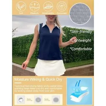 HOTLOOX Women Sleeveless Golf Polo Shirts Summer 2025 UPF 50+ Zipper V Neck Tennis Tank Top Navy Blue S