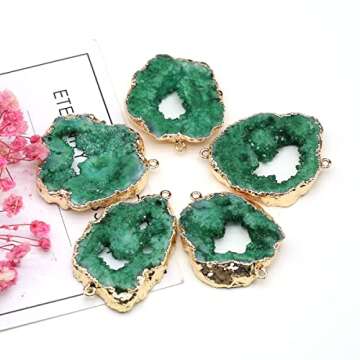 LE SKY natural stone connectors colorful irregular druzy geode green agate golden edge stone link charms for jewelry making necklace 2 Pcs