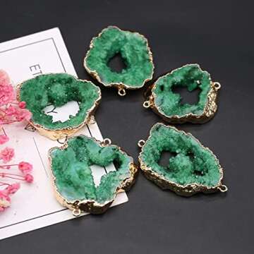 LE SKY natural stone connectors colorful irregular druzy geode green agate golden edge stone link charms for jewelry making necklace 2 Pcs