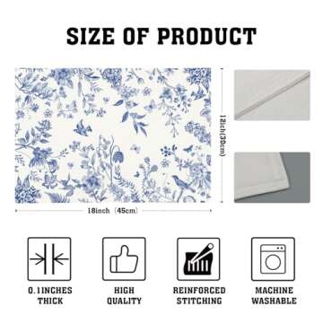 Blue White Floral Placemats Set of 4 Spring Summer Hydrangea Flowers Branches Washable Non-Slip Heat Resistant Place Mats 12x18 Inch Chinoiserie Linen Table Mats for Home Kitchen Dining Party Decor