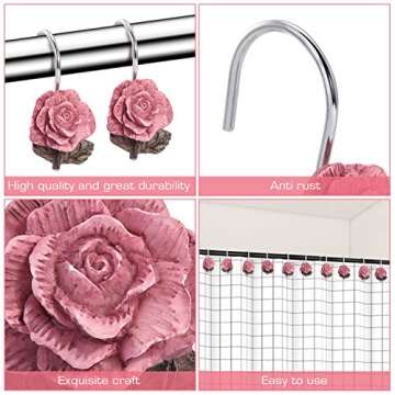 AGPTEK Shower Curtain Hooks, 12 PCS Anti Rust Decorative Vintage Resin Rose Hooks for Bathroom,Baby Room, Bedroom, Living Room