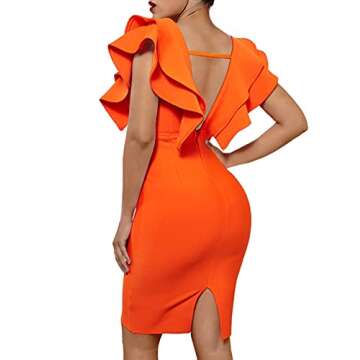 UONBOX Women's Ruffle Short Sleeve Plunge V Neck Bodycon Dress Back Split Bandage Party Club Dress Orange S