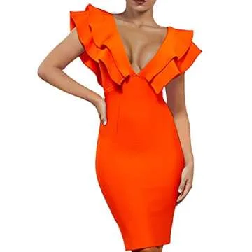 UONBOX Women's Ruffle Short Sleeve Plunge V Neck Bodycon Dress Back Split Bandage Party Club Dress Orange S