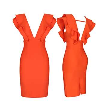 UONBOX Women's Ruffle Short Sleeve Plunge V Neck Bodycon Dress Back Split Bandage Party Club Dress Orange S
