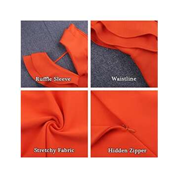 UONBOX Women's Ruffle Short Sleeve Plunge V Neck Bodycon Dress Back Split Bandage Party Club Dress Orange S