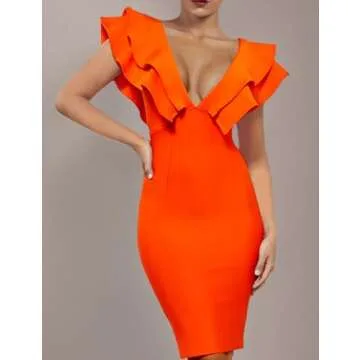 UONBOX Women's Ruffle Short Sleeve Plunge V Neck Bodycon Dress Back Split Bandage Party Club Dress Orange S